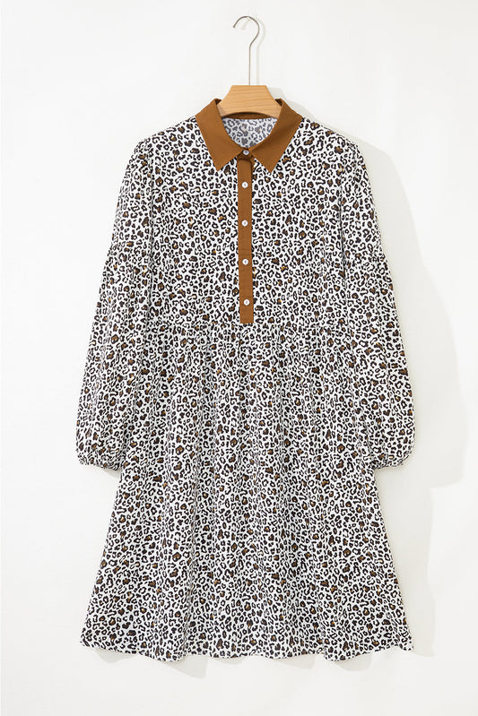 Plus Size Leopard Half-Button Collared Puff Sleeve Dress