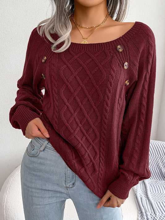 Texture Button Lantern Sleeve Sweater