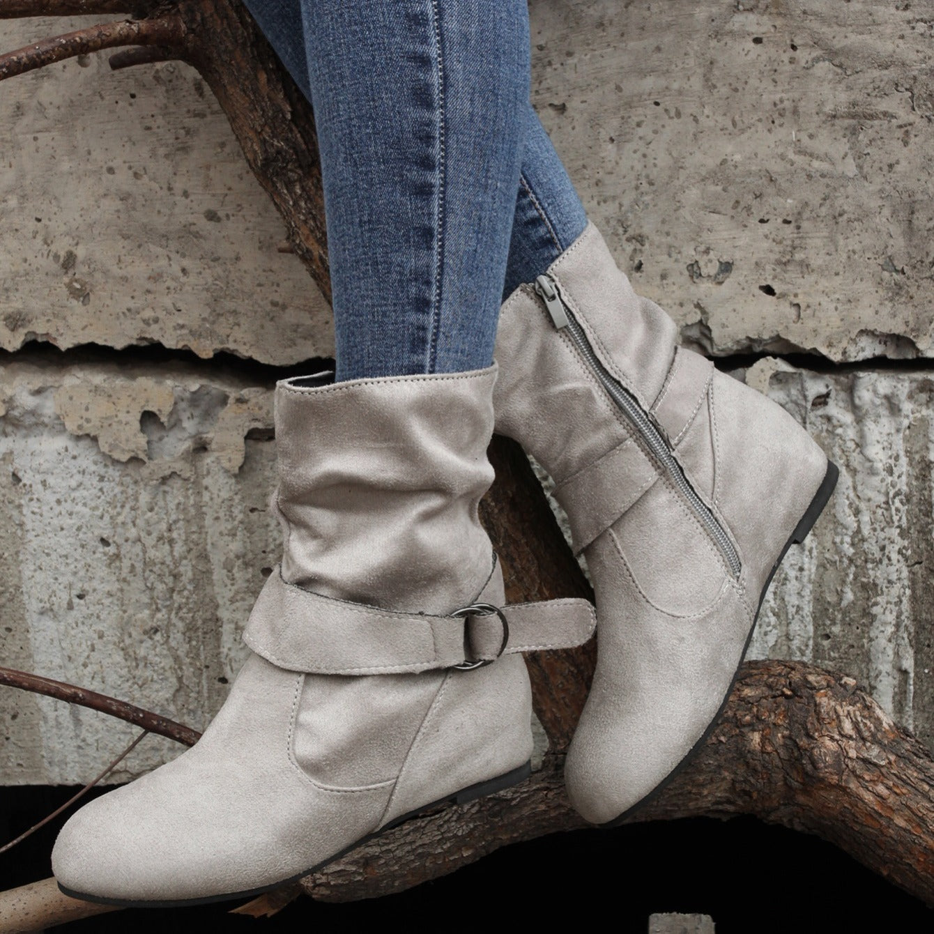 Ankle Boots Round Toe Buckle Belt Side Zipper Boots