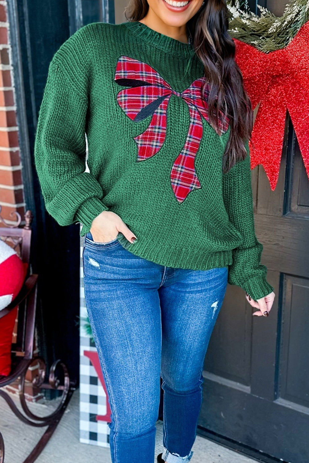 Plaid Bow Drop Shoulder Christmas Sweater