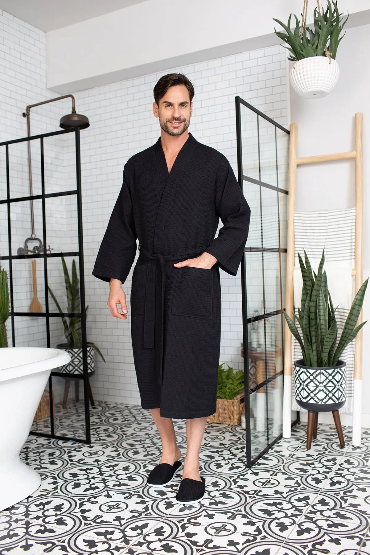 Waffle Kimono Spa Bathrobe for Men -  Absorbent, Lightweight