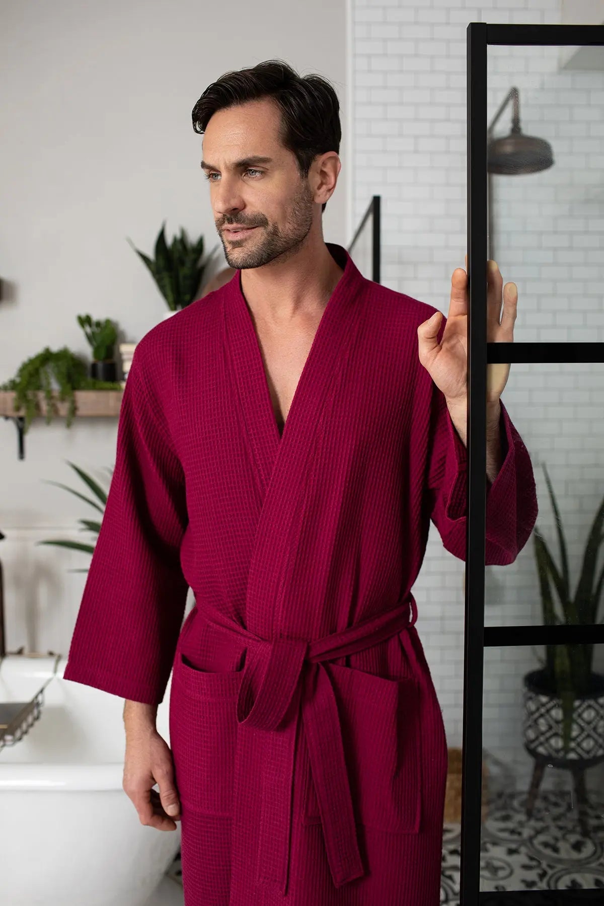 Waffle Kimono Spa Bathrobe for Men -  Absorbent, Lightweight