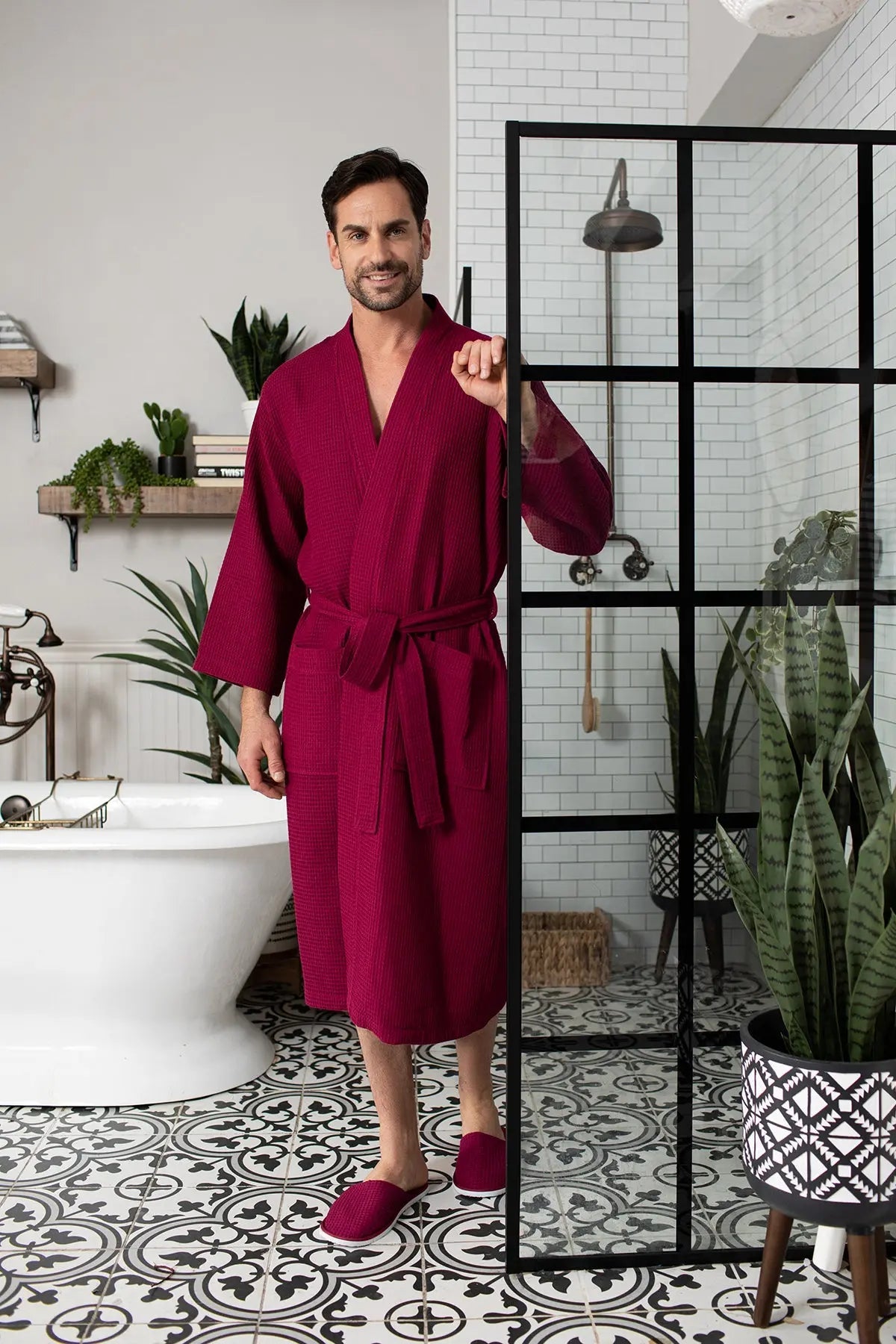 Waffle Kimono Spa Bathrobe for Men -  Absorbent, Lightweight