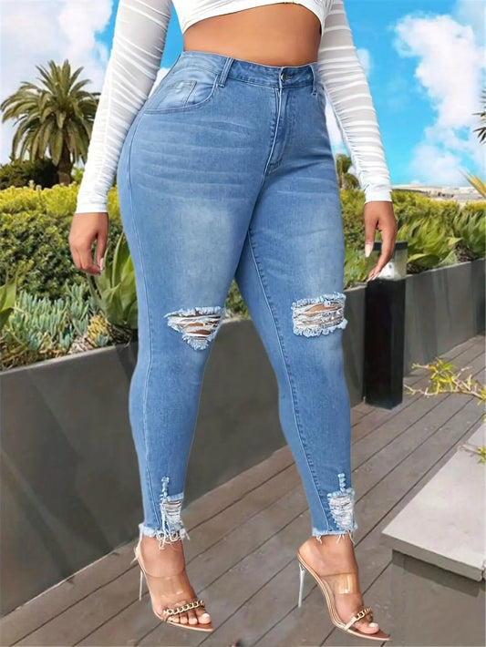Plus Size Women's Fashion Ripped Jeans