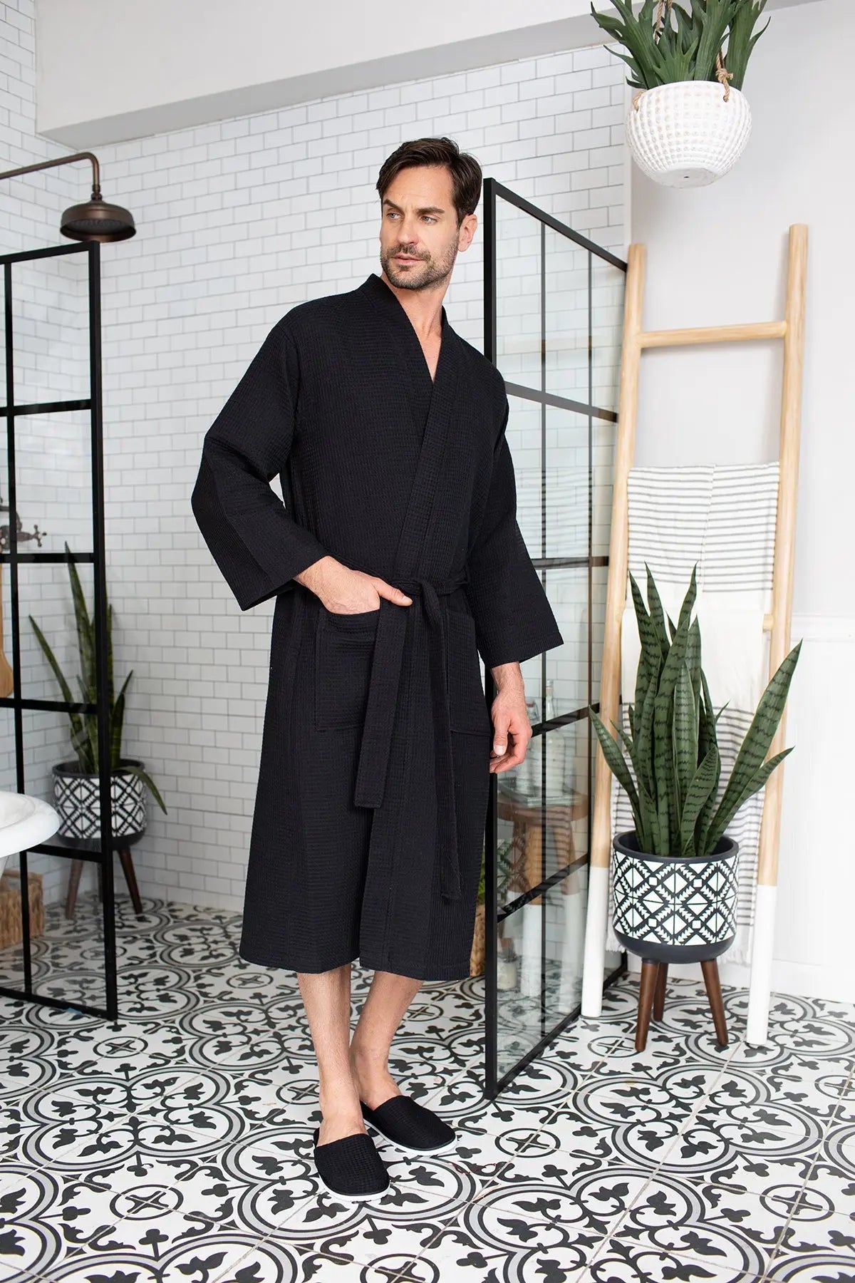 Waffle Kimono Spa Bathrobe for Men -  Absorbent, Lightweight